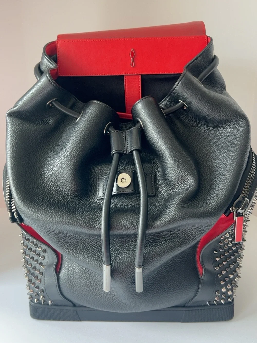 Christian Louboutin SPIKED EXPLORAFUNK Black Leather Studded Backpack Red